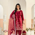 Trendy Red Embroidered Velvet Salwar Suit with Dupatta for Festive Wear