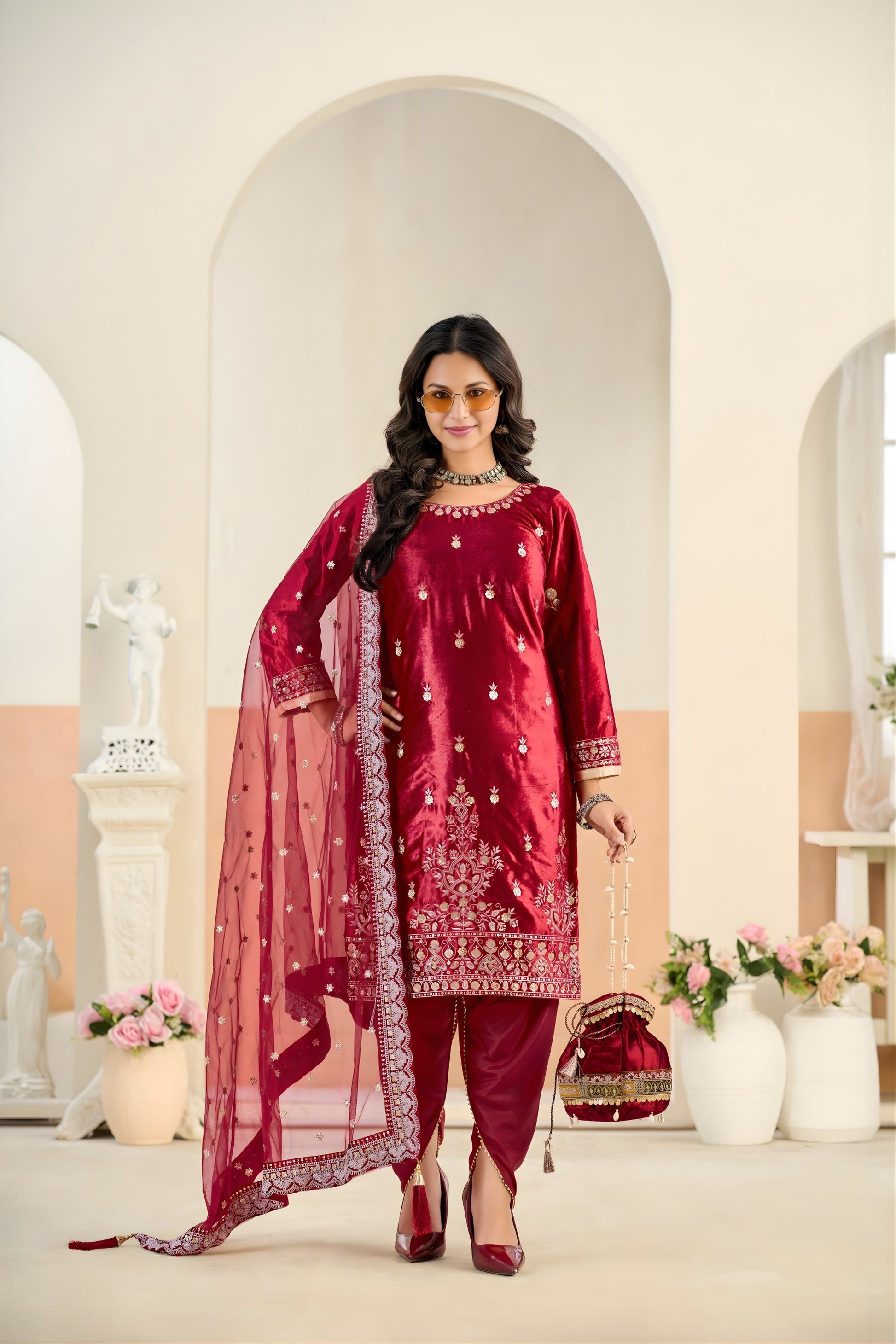 Trendy Red Embroidered Velvet Salwar Suit with Dupatta for Festive Wear