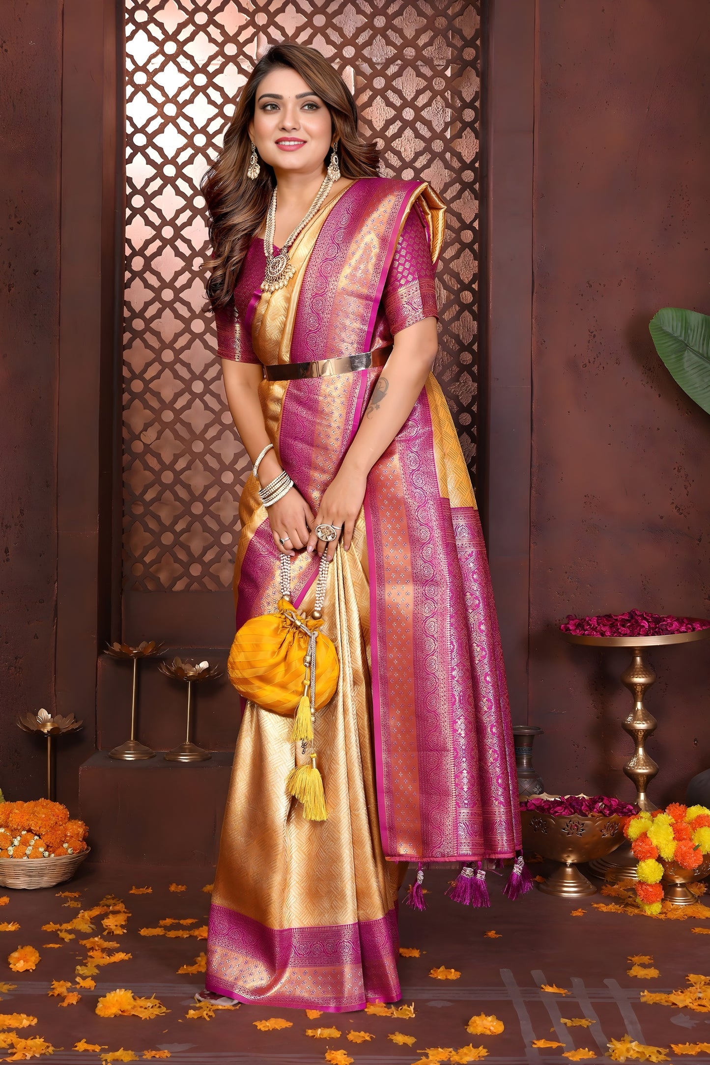 Elegant Yellow Banarasi Tissue Silk Saree with Purple Blouse for Wedding