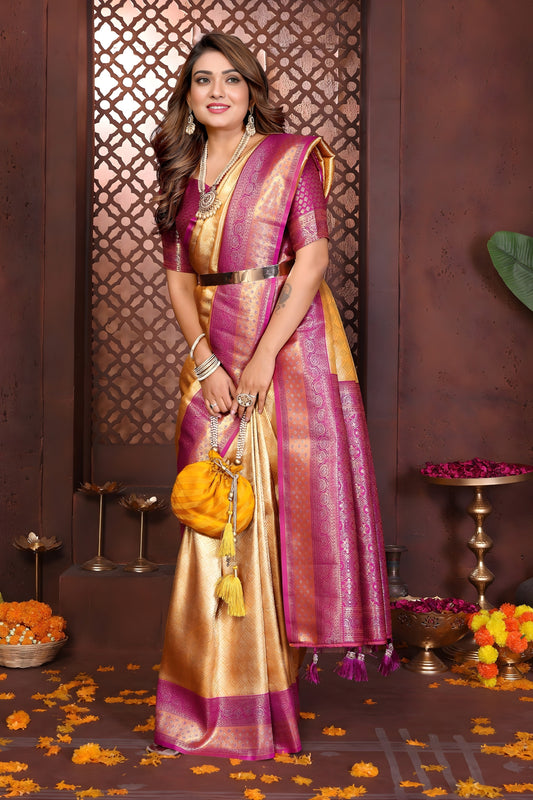 Elegant Yellow Banarasi Tissue Silk Saree with Purple Blouse for Wedding