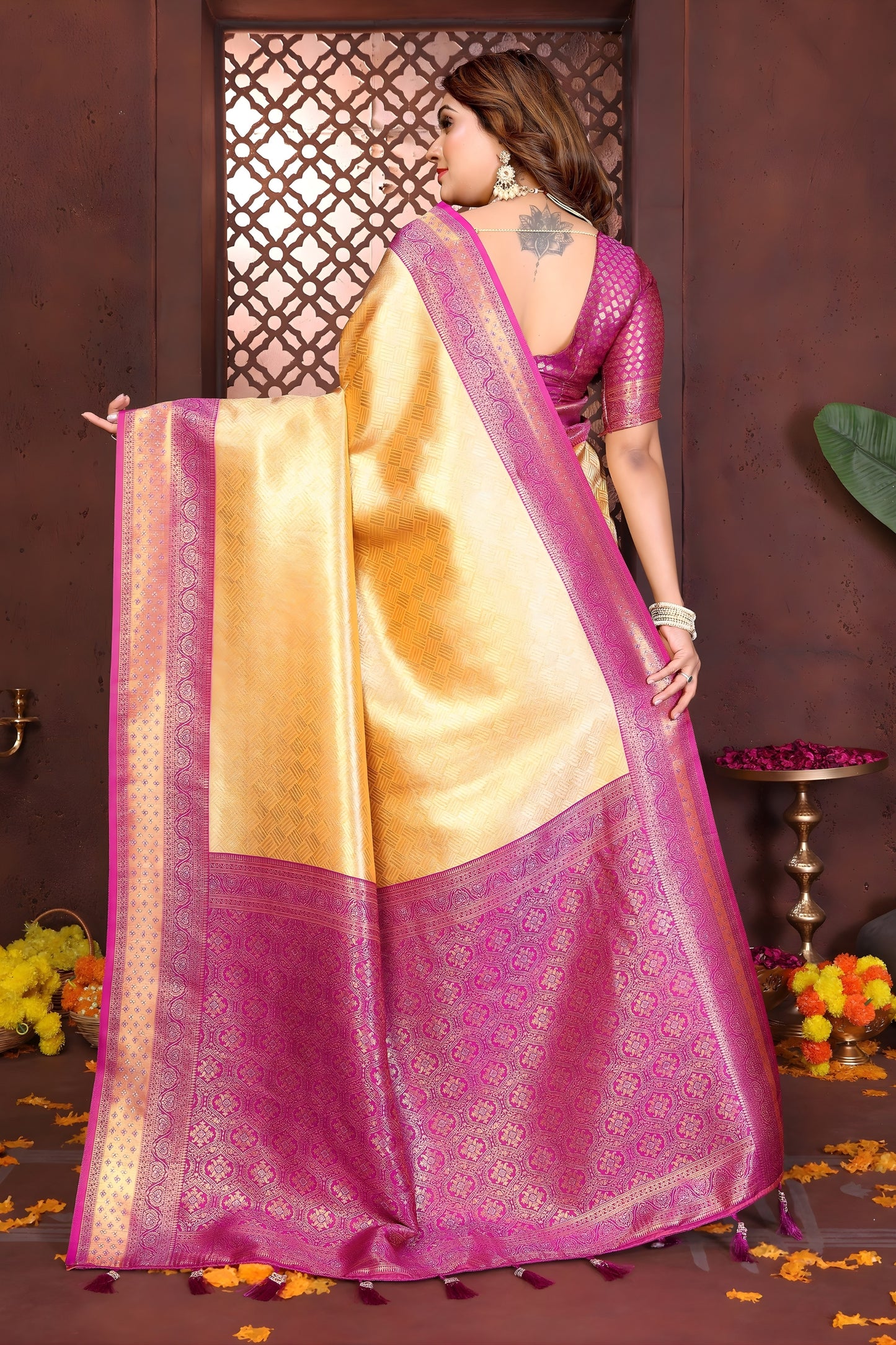 Elegant Yellow Banarasi Tissue Silk Saree with Purple Blouse for Wedding