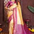 Elegant Yellow Banarasi Tissue Silk Saree with Purple Blouse for Wedding