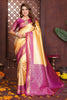 Elegant Yellow Banarasi Tissue Silk Saree with Purple Blouse for Wedding