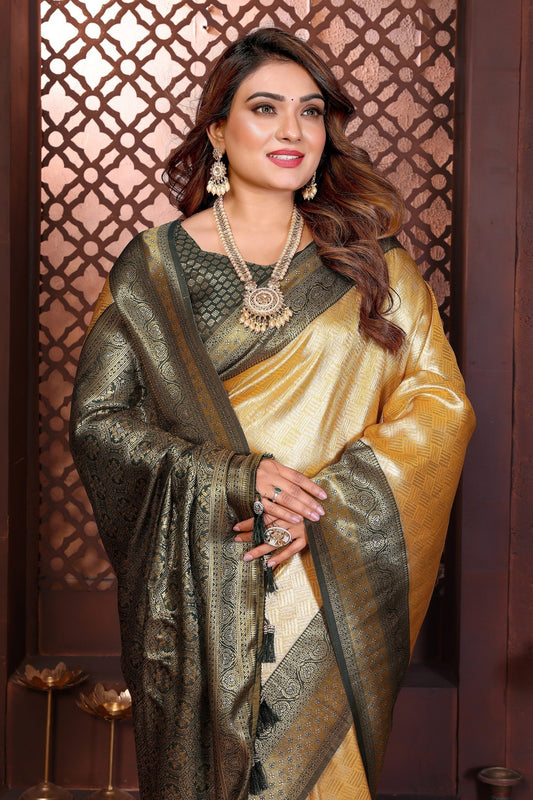 Premium Yellow Banarasi Tissue Silk Saree with Green Blouse for Traditional Wear