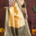 Premium Yellow Banarasi Tissue Silk Saree with Green Blouse for Traditional Wear