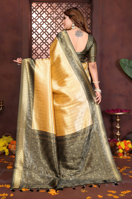 Premium Yellow Banarasi Tissue Silk Saree with Green Blouse for Traditional Wear