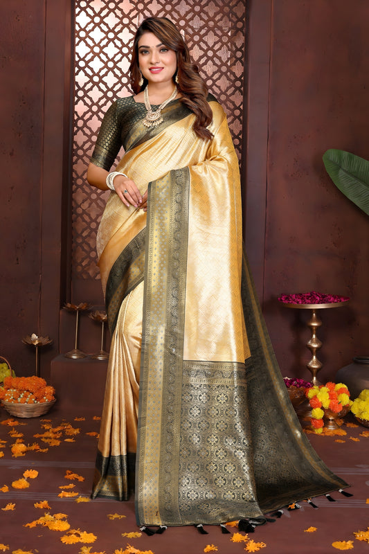 Premium Yellow Banarasi Tissue Silk Saree with Green Blouse for Traditional Wear
