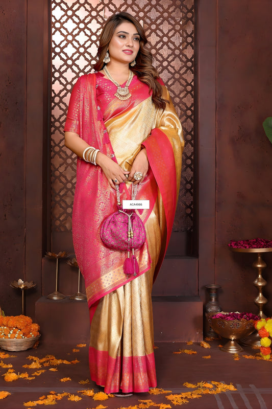 Stylish Yellow Banarasi Tissue Silk Saree with Pink Blouse for Wedding