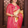 Stylish Yellow Banarasi Tissue Silk Saree with Pink Blouse for Wedding