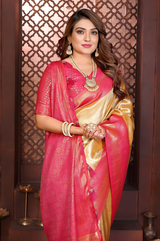 Stylish Yellow Banarasi Tissue Silk Saree with Pink Blouse for Wedding
