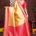 Stylish Yellow Banarasi Tissue Silk Saree with Pink Blouse for Wedding