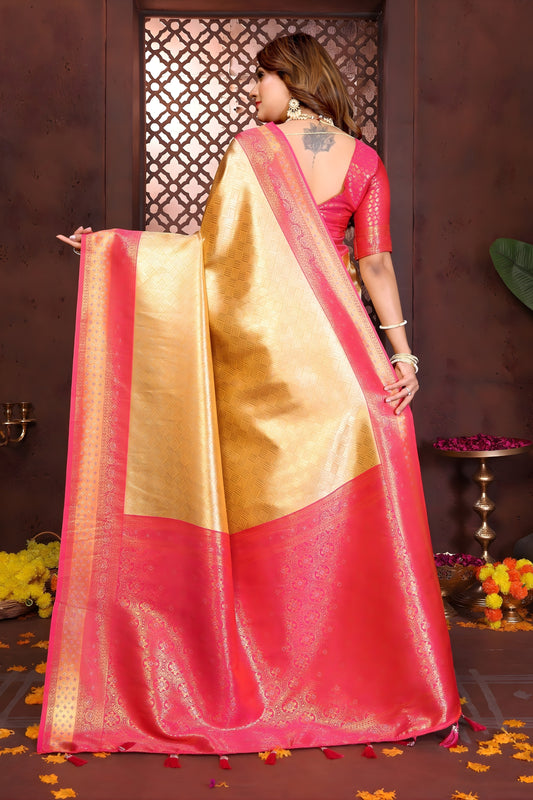 Stylish Yellow Banarasi Tissue Silk Saree with Pink Blouse for Wedding