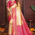 Stylish Yellow Banarasi Tissue Silk Saree with Pink Blouse for Wedding