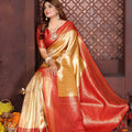 Fabulous Yellow Banarasi Tissue Silk Saree with Red Blouse for Wedding