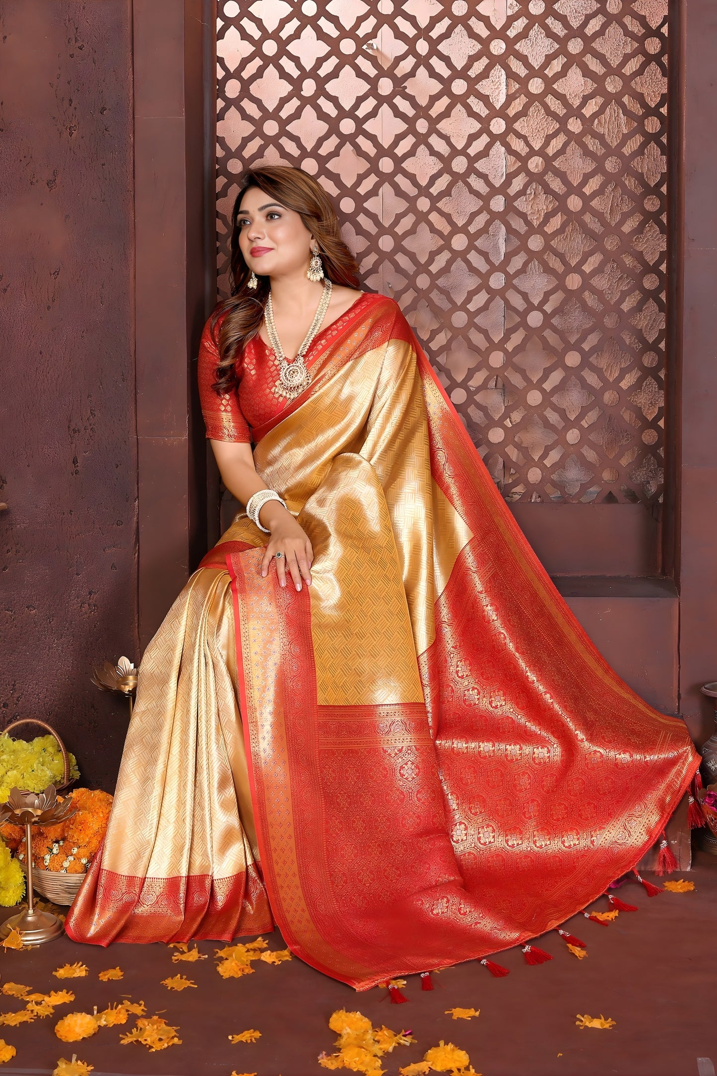 Fabulous Yellow Banarasi Tissue Silk Saree with Red Blouse for Wedding