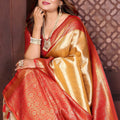 Fabulous Yellow Banarasi Tissue Silk Saree with Red Blouse for Wedding