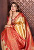 Fabulous Yellow Banarasi Tissue Silk Saree with Red Blouse for Wedding