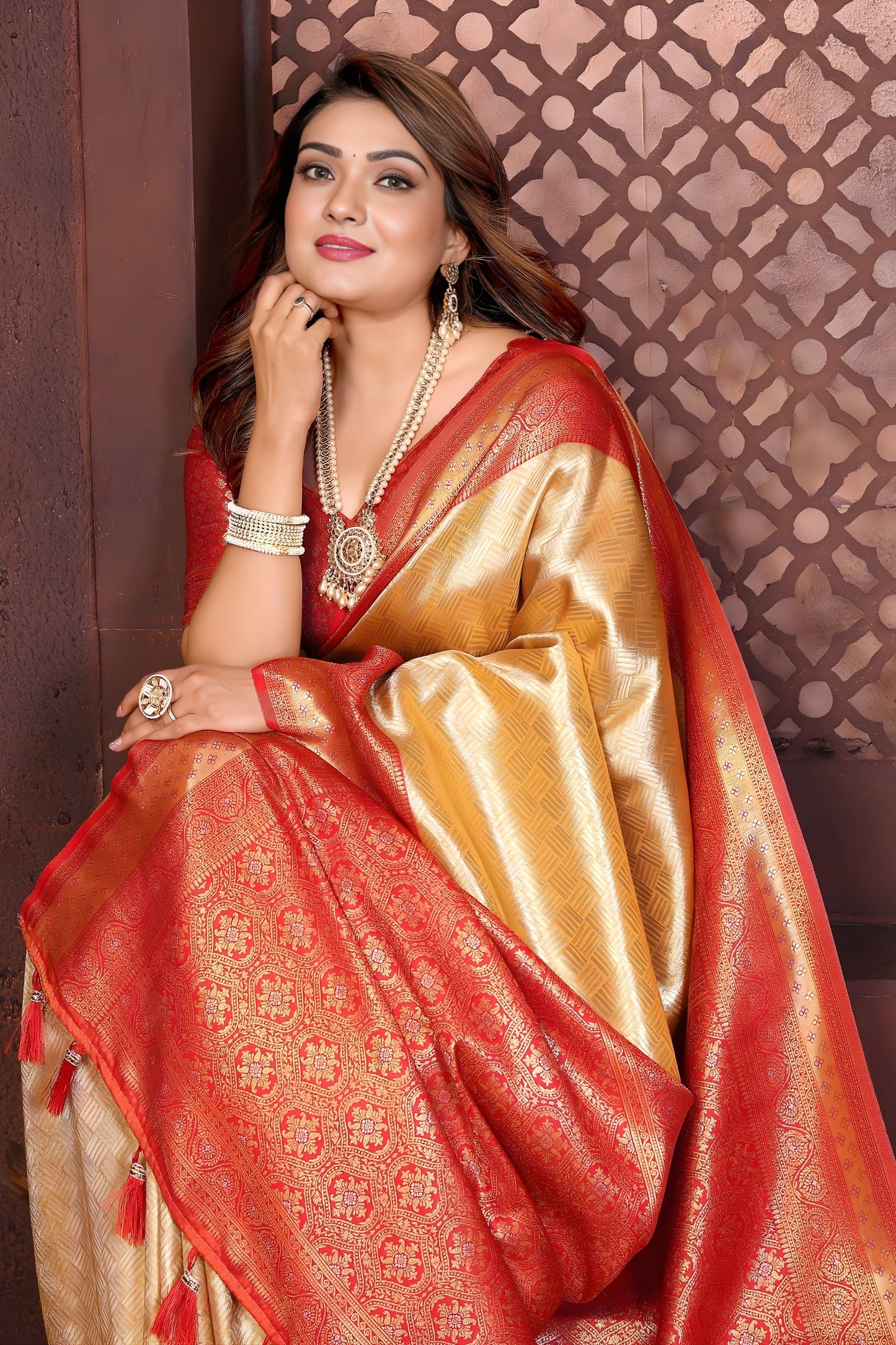 Fabulous Yellow Banarasi Tissue Silk Saree with Red Blouse for Wedding