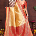 Fabulous Yellow Banarasi Tissue Silk Saree with Red Blouse for Wedding