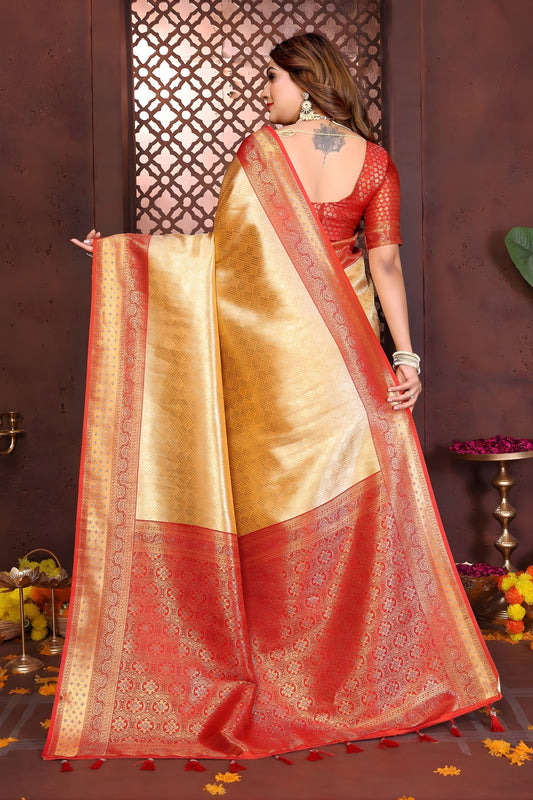 Fabulous Yellow Banarasi Tissue Silk Saree with Red Blouse for Wedding