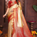 Fabulous Yellow Banarasi Tissue Silk Saree with Red Blouse for Wedding