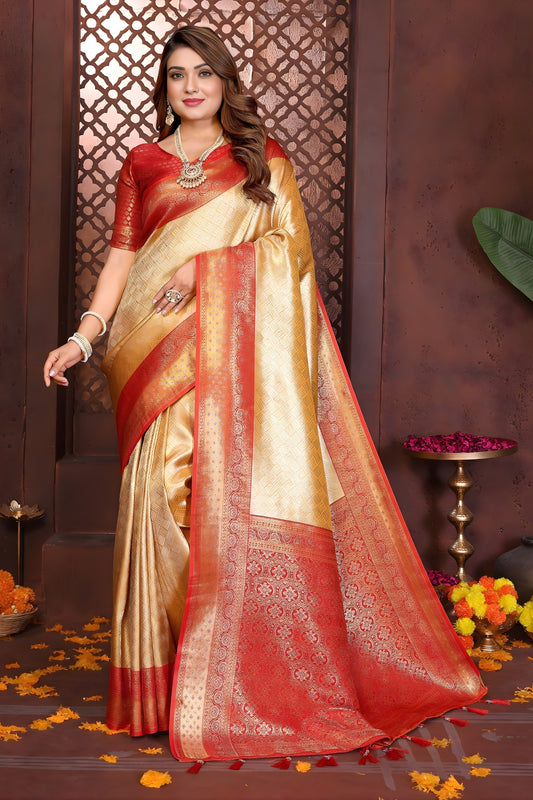 Fabulous Yellow Banarasi Tissue Silk Saree with Red Blouse for Wedding
