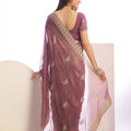 Mauve Embroidered Net Saree with Heavy Golden Border