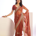 Rust Orange Embroidered Net Saree with Heavy Golden Border