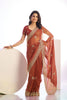 Rust Orange Embroidered Net Saree with Heavy Golden Border