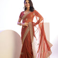Rust Orange Embroidered Net Saree with Heavy Golden Border