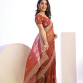 Rust Orange Embroidered Net Saree with Heavy Golden Border