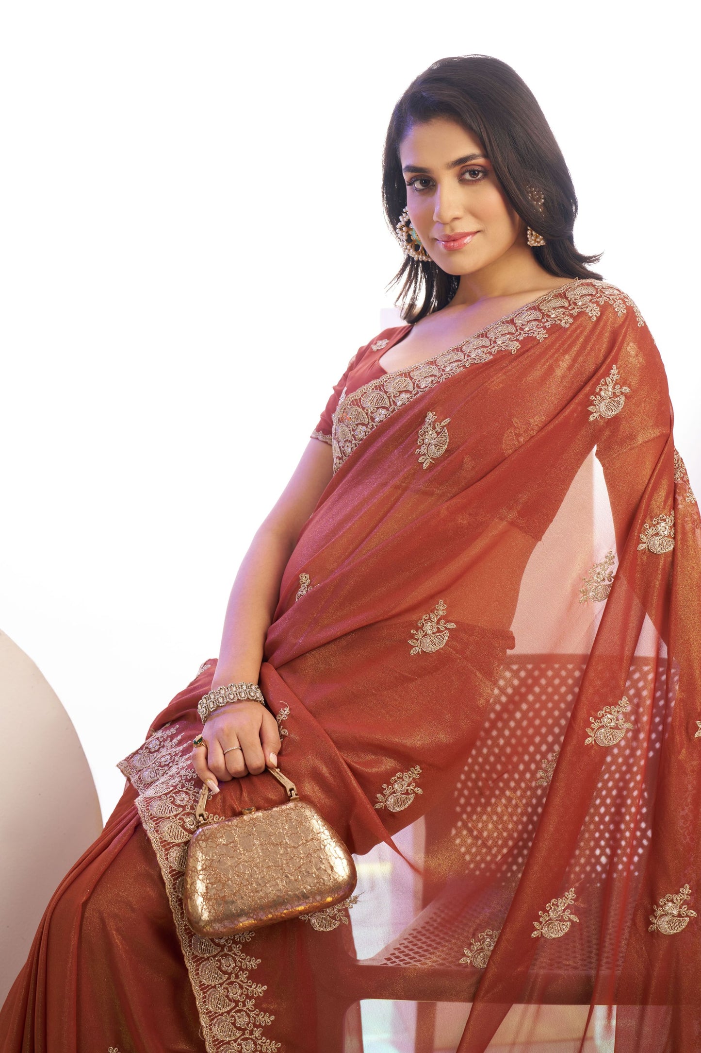 Rust Orange Embroidered Net Saree with Heavy Golden Border