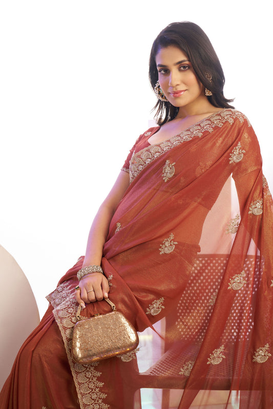Rust Orange Embroidered Net Saree with Heavy Golden Border
