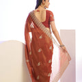 Rust Orange Embroidered Net Saree with Heavy Golden Border