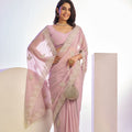 Pastel Pink Embroidered Net Saree with Heavy Silver Border