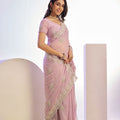 Pastel Pink Embroidered Net Saree with Heavy Silver Border