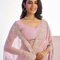 Pastel Pink Embroidered Net Saree with Heavy Silver Border