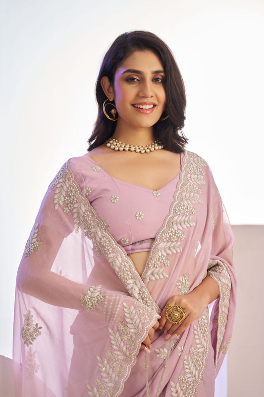 Pastel Pink Embroidered Net Saree with Heavy Silver Border
