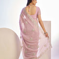 Pastel Pink Embroidered Net Saree with Heavy Silver Border