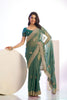 Green Embroidered Net Saree with Heavy Golden Border