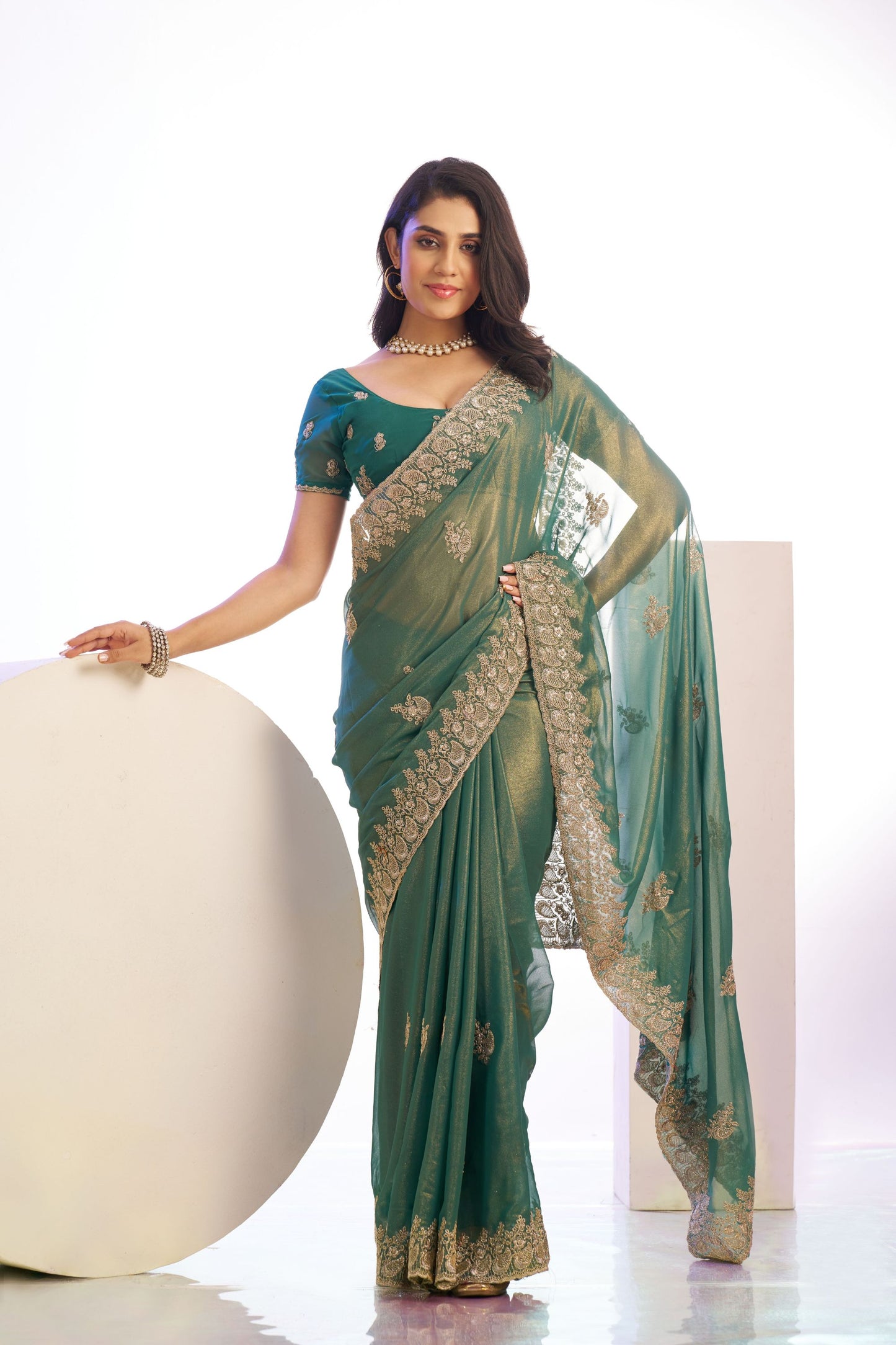 Green Embroidered Net Saree with Heavy Golden Border