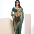 Green Embroidered Net Saree with Heavy Golden Border