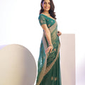 Green Embroidered Net Saree with Heavy Golden Border
