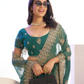 Green Embroidered Net Saree with Heavy Golden Border