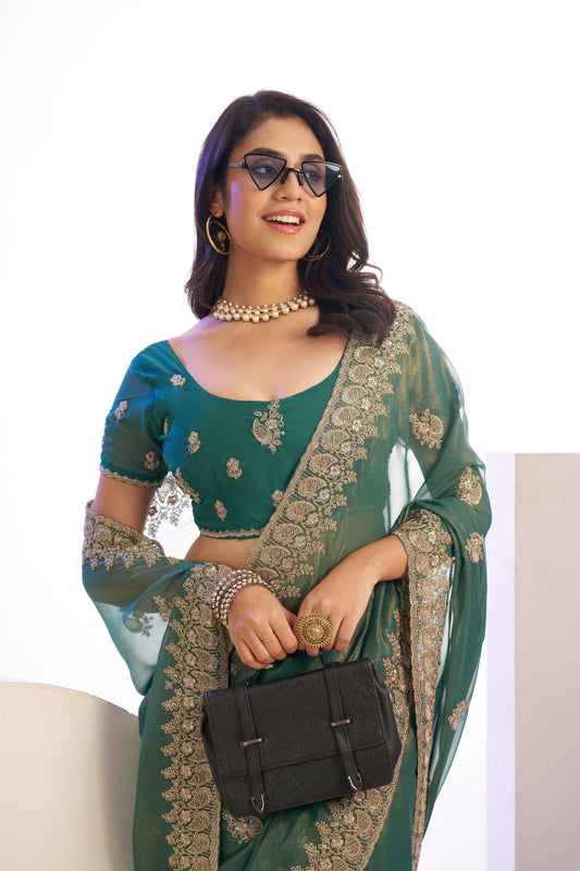 Green Embroidered Net Saree with Heavy Golden Border