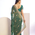 Green Embroidered Net Saree with Heavy Golden Border