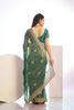 Green Embroidered Net Saree with Heavy Golden Border