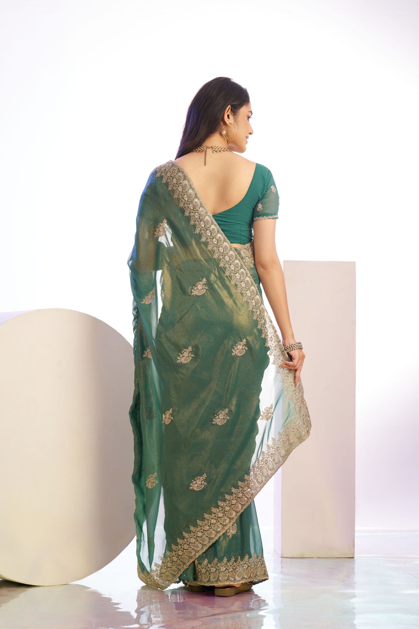 Green Embroidered Net Saree with Heavy Golden Border