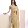 Beige Gold Embroidered Net Saree with Heavy Silver Border