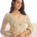 Beige Gold Embroidered Net Saree with Heavy Silver Border